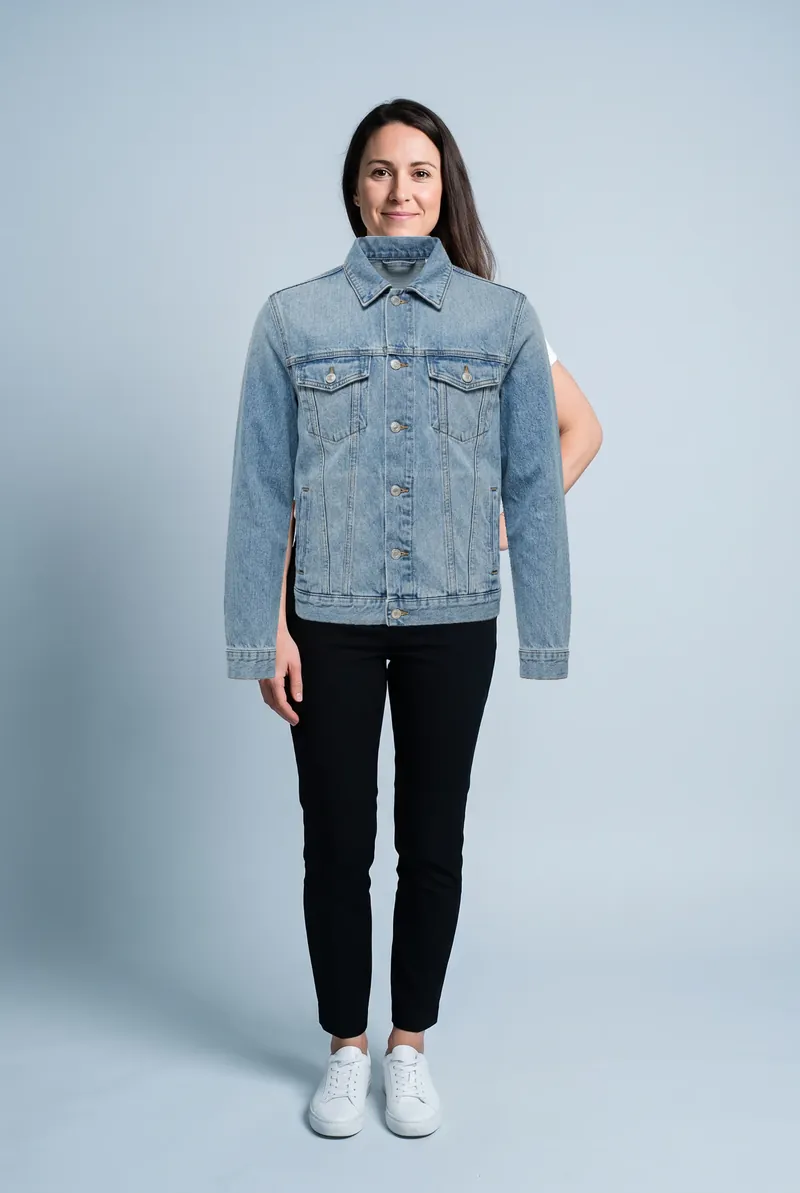 Overlay made with this tool: a denim jacket cutout laid flat over a woman's white t-shirt; it covers her hair and the hand on her hip