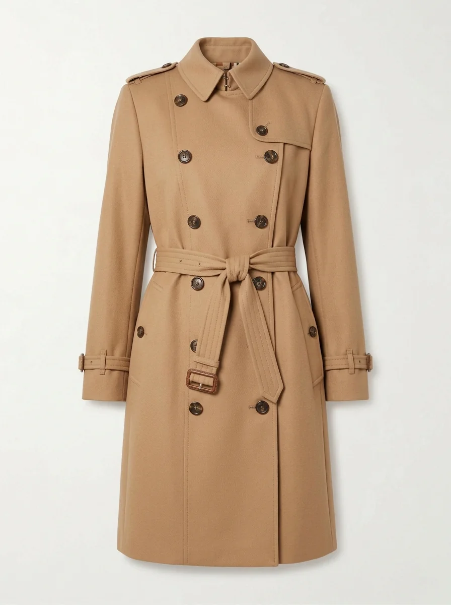 Sample product photo: a camel trench coat on a light grey background
