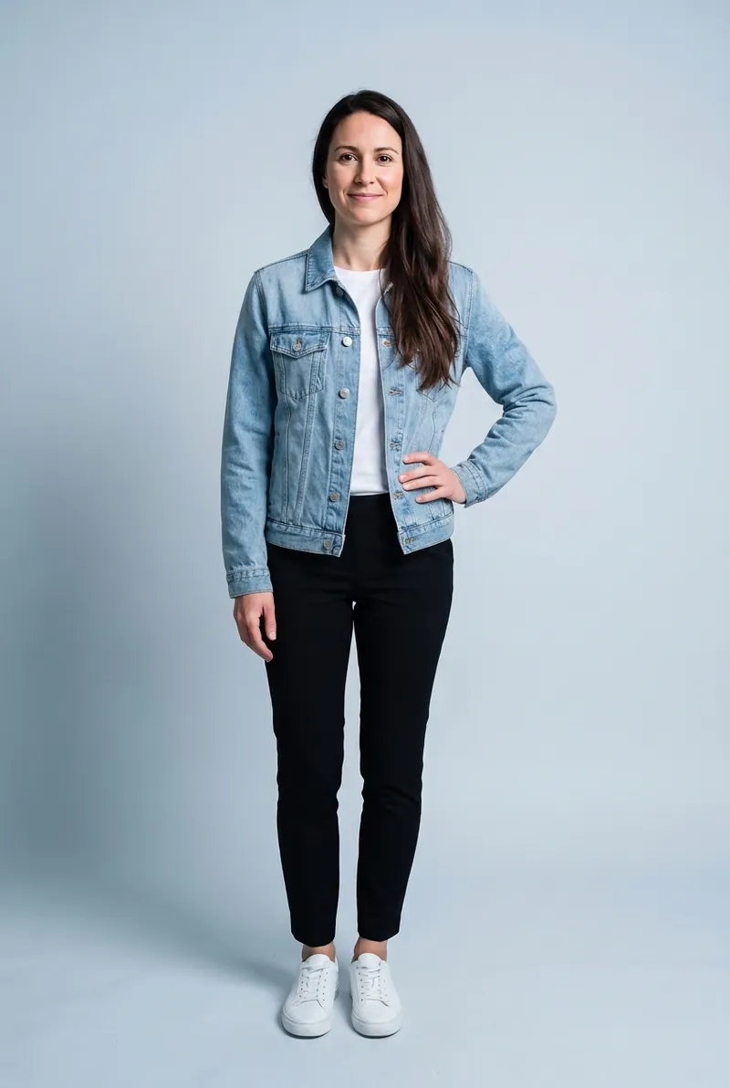 AI try-on example: the same woman wearing the denim jacket open over her t-shirt, hair falling over the collar, hand still on her hip